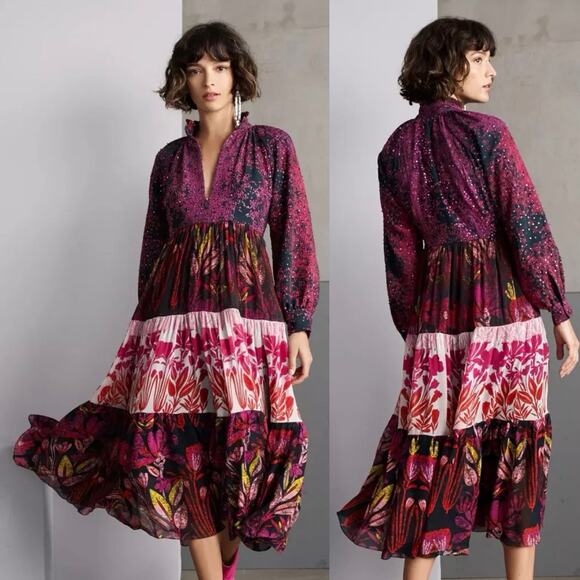 Roopa Pemmaraju Calla Tiered Maxi Dress Size XS Floral Long Sleeve Boho Cottage - Picture 1 of 11